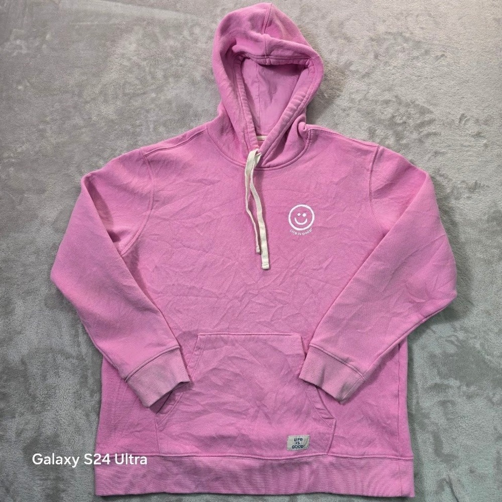 Life is Good Womens Pink Smiley Face Graphic Hoodie Sweatshirt Large L FW2024